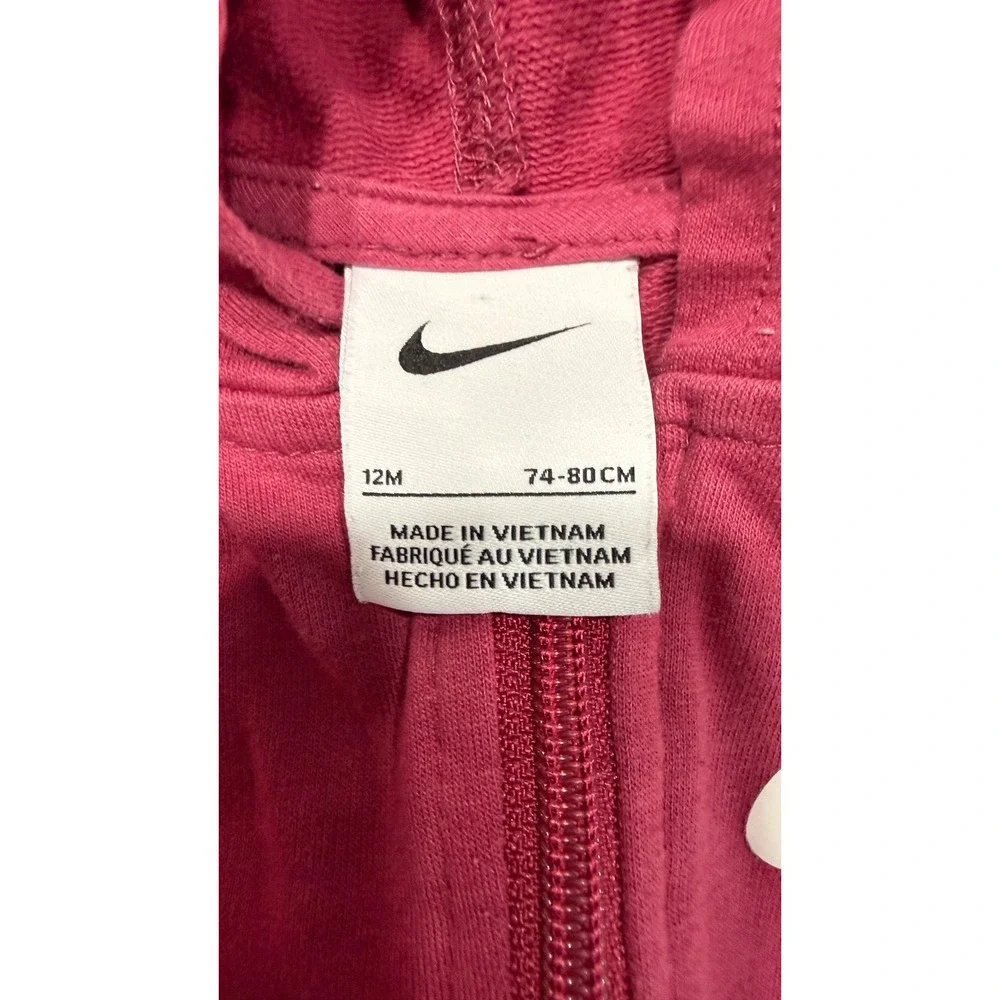 Nike Baby Hooded Full Zip Coverall Burgundy 12M Swoosh Logo Fleece Romper